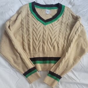 BDG V-Neck Cable Knit Sweater - Cream and Green
